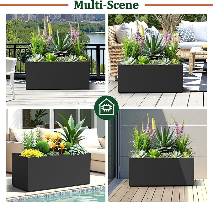 Large Rectangle Planter Metal Black Planter Box with a Drainage Hole and a Removable Divider Indoor Outdoor Porch Pots for Tall Plants, Trees, Flowers 37.99"x 15" x 16.26" Black