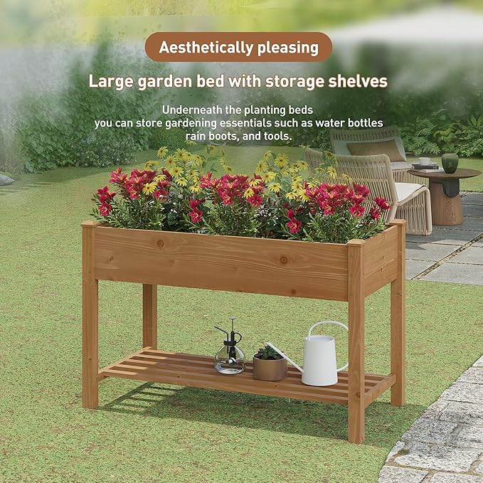 FILWH Raised Garden Bed with Legs Elevated Wooden Planter Box Stand Large Planter Stand Box for Fruits Vegetables Flowers with Divider with Bag - 48 * 24 * 30.5IN(Brown)