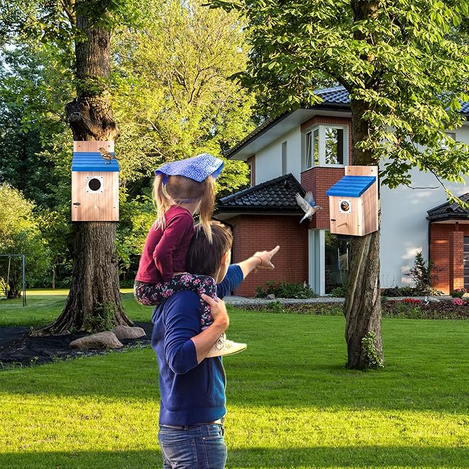 Dreyoo 2 Pack Cedar Bluebird Box Houses for Outside, 1-1/2'' Entrance Hole Wooden Bird Houses with Metal Guard, Secure Latch, Fledgling Grooves, Air Vents for Bluebird Wren Swallow