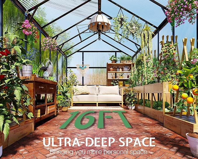 Jocisland 8x16x7.5 FT Polycarbonate Greenhouse with Quick Connectors, Outdoor Aluminum Greenhouses with Ventilation and Rain Gutter, Large Walk in Greenhouse for Backyard Garden, Black
