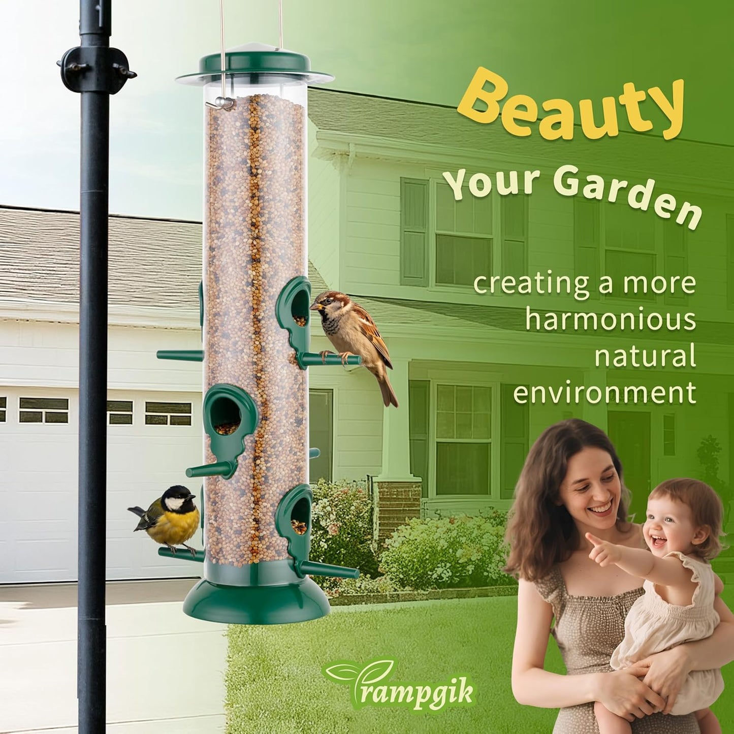 Metal Tube Bird Feeders for Outdoors Hanging,Finch Feeders for Outside,Chew-Proof Hanging Birdfeeder,Squirrel-Proof 6 Ports Bird Feeder 13 Inch,Anti-Rust,Green,1 Pack(Seed is not Included)