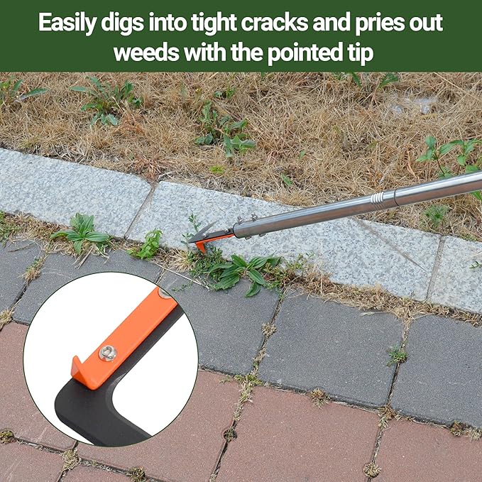 58in Crack Weeder with Spring Steel L-Shaped Blade Adjustable Stainless Steel Handle Garden Crevice Weeding Tool for Sidewalks, Driveways, and Patios