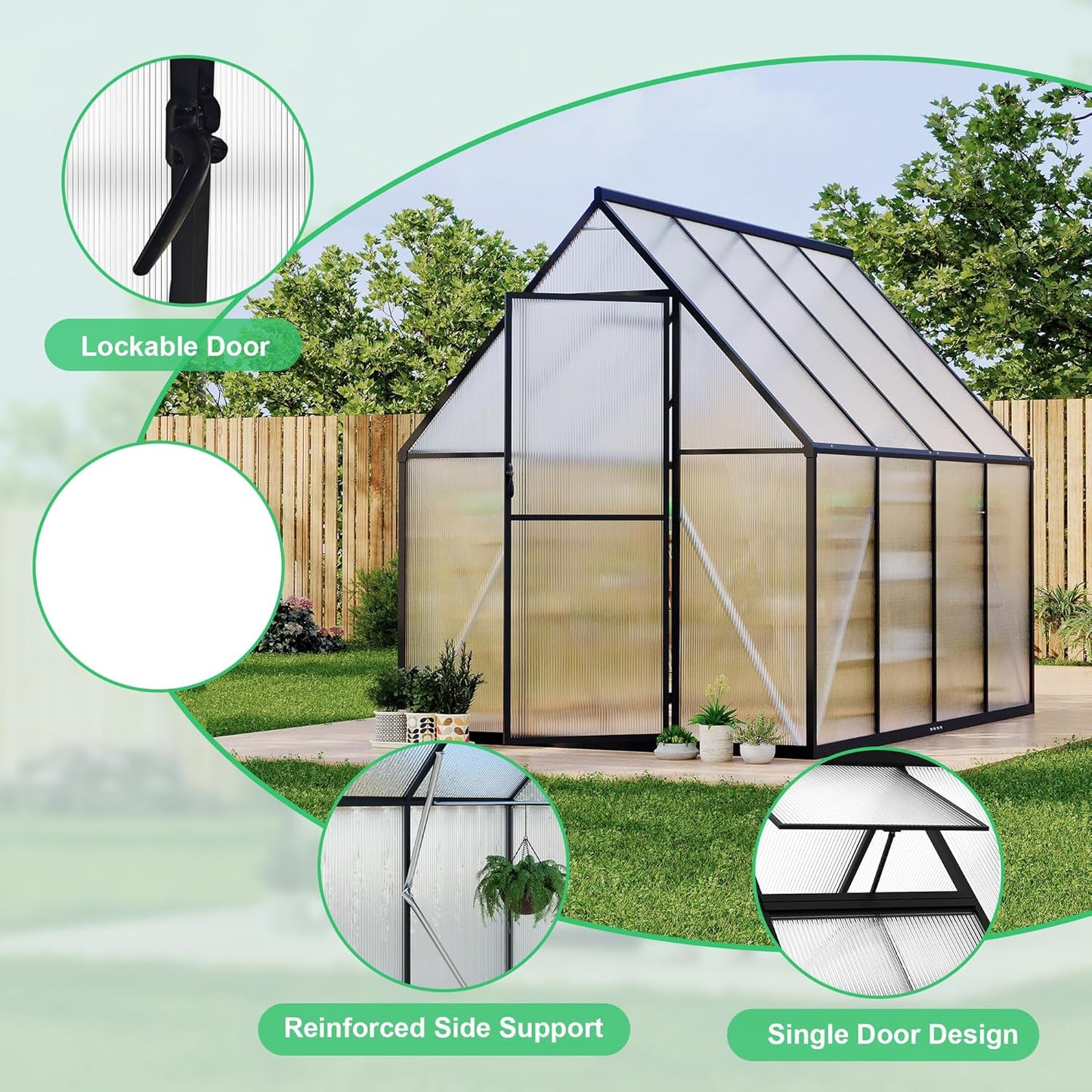 6'x7' Aluminum-Framed Polycarbonate Greenhouse, Heavy Duty Polycarbonate Greenhouse with Quick Setup Structure and Roof Vent, Large Enhanced Aluminum GreenhouseKit for Outdoors
