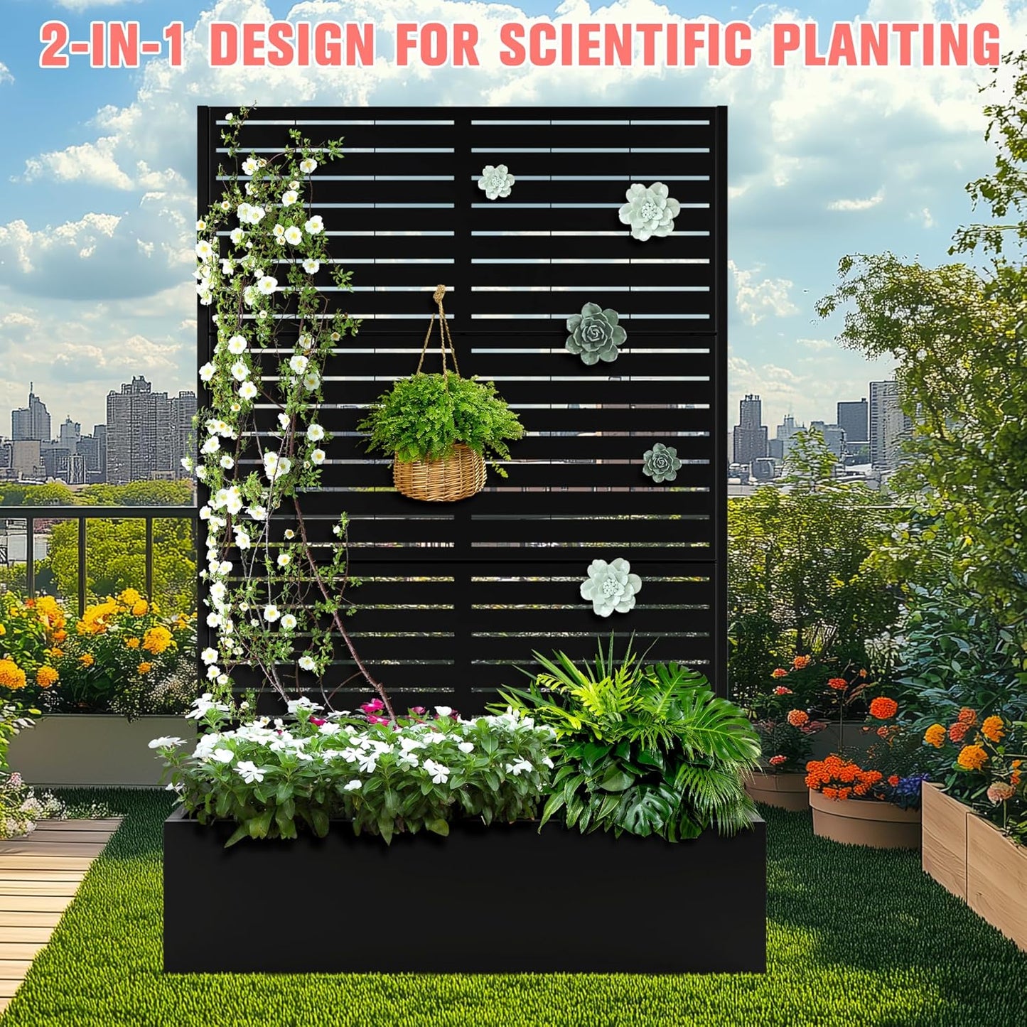 Metal Planter Box with Trellis, Raised Garder Bed with Drainage Hole, Privacy Screen & Trellis for Climbing Plants, Plant Stands, 47''L×17''W×71''H, Black