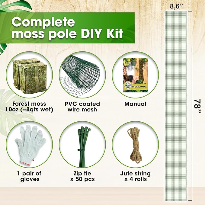 DUSPRO DIY Moss Pole Kit, Metal Moss Pole for Plant Monstera, Pothos, Philodendron, 1pc 8.6ββ x 6.5 ft Wire Moss Pole Mesh with Forest Moss, Cable Zip Ties, Gloves