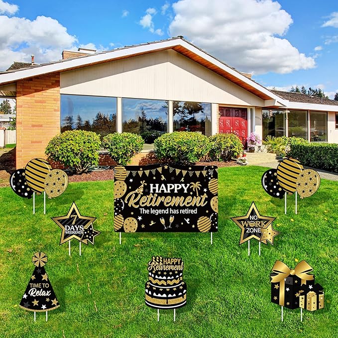 Yulejo 8 Pieces Retirement Yard Sign Decorations Happy Retirement Yard Signs Retirement Lawn Sign with Stakes for Outdoor Retirement Party Supplies 16inch (Black and Gold)