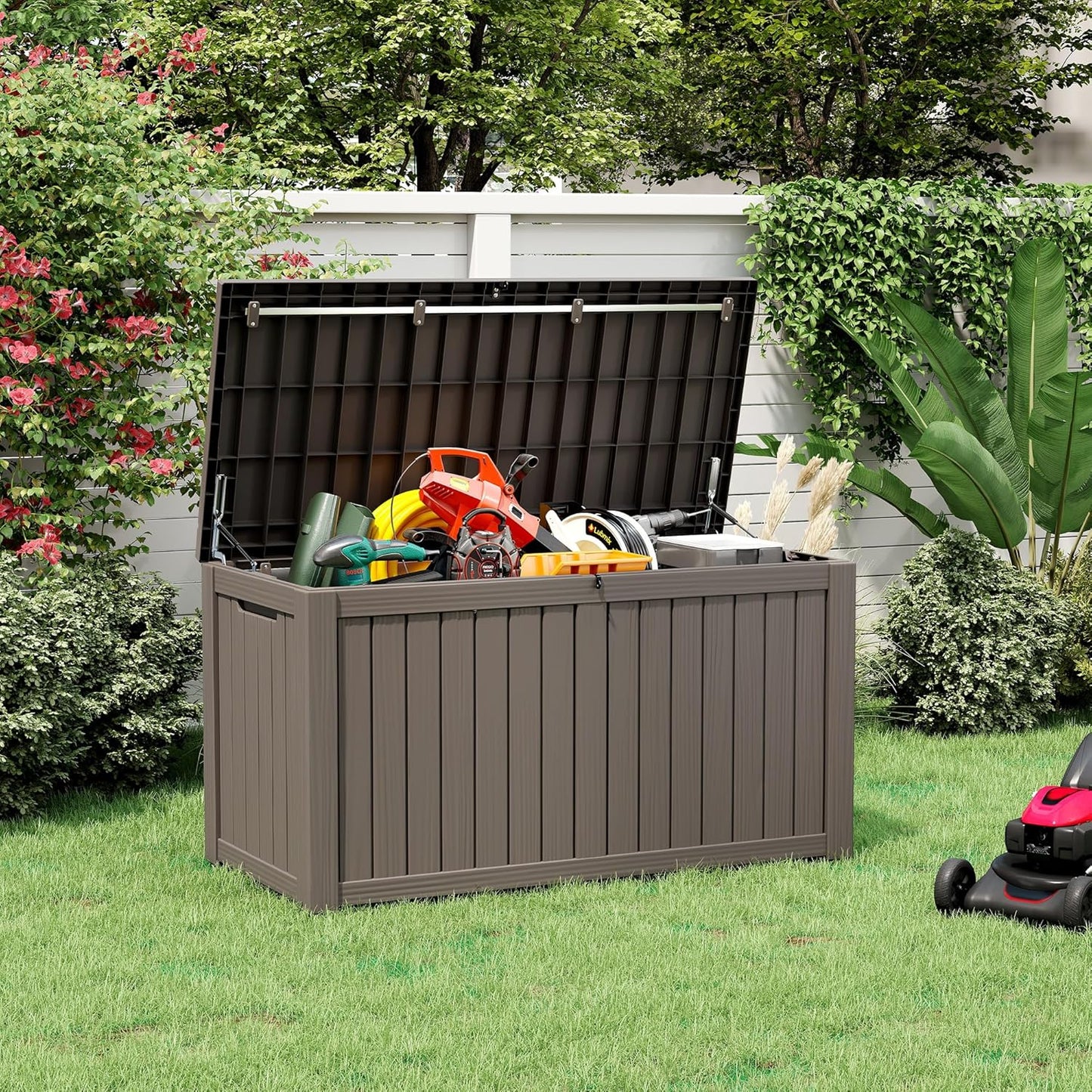 Outdoor Storage Box, Resin Deck Boxes Indoor and outdoor, Waterproof Storage Box Lockable Lid (Grey, 150 Gallon)