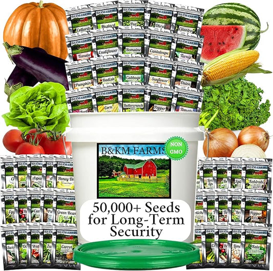 Survival Seed Vault: 50 Varieties, 50,000+ Non-GMO Heirloom Seeds - 5+ Year Supply in Secure Bucket + Growing Guide by B&KM Farms (1)