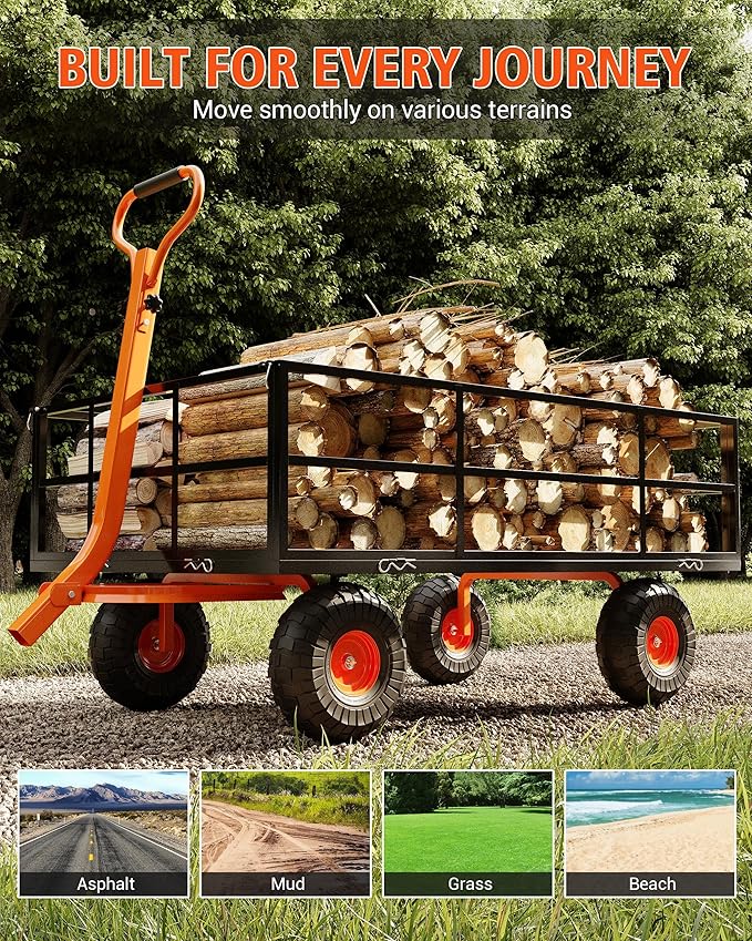 Metal Wagon - 1200lbs Garden Cart with 10" Multi-Terrain Tires, 4 Removable Mesh Sides & 180° Swivel Handle, Yard Wagon Cart for Lawn, Yard, Patio Gardening