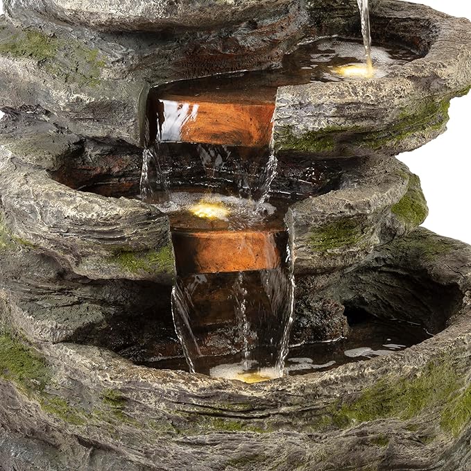 Alpine Corporation WIN1146 Outdoor Floor Cascading 8 Tiered Rock Garden Water Fountain with LED Lights, 58", Gray