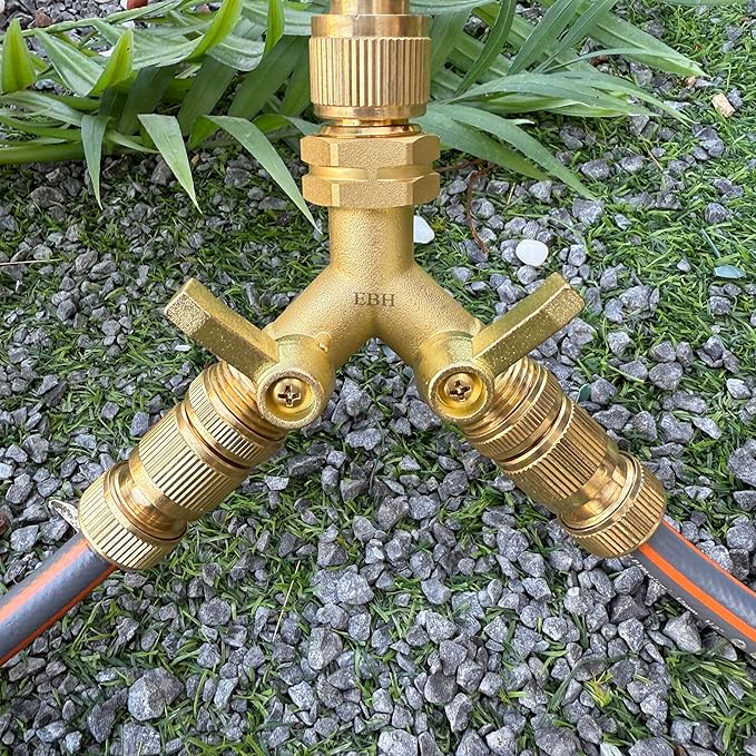 EBH Garden Hose Splitter, 2 Way Heavy Duty Hose Splitter with Shutoff Valves, Outdoor Faucet Y Spigot Adapter, 3/4" GHT Thread And Extra Long Metal Handle.