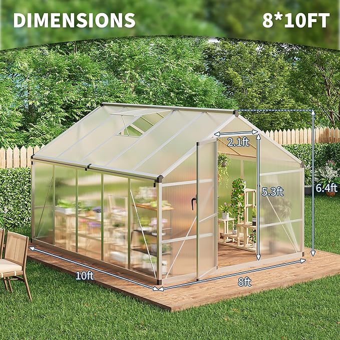 8x10 FT Polycarbonate Greenhouse with Roof Vent - Large Aluminum Walk-in Greenhouse Kit for Gardening, Backyard, Patio, Lawn - Easy Assembly