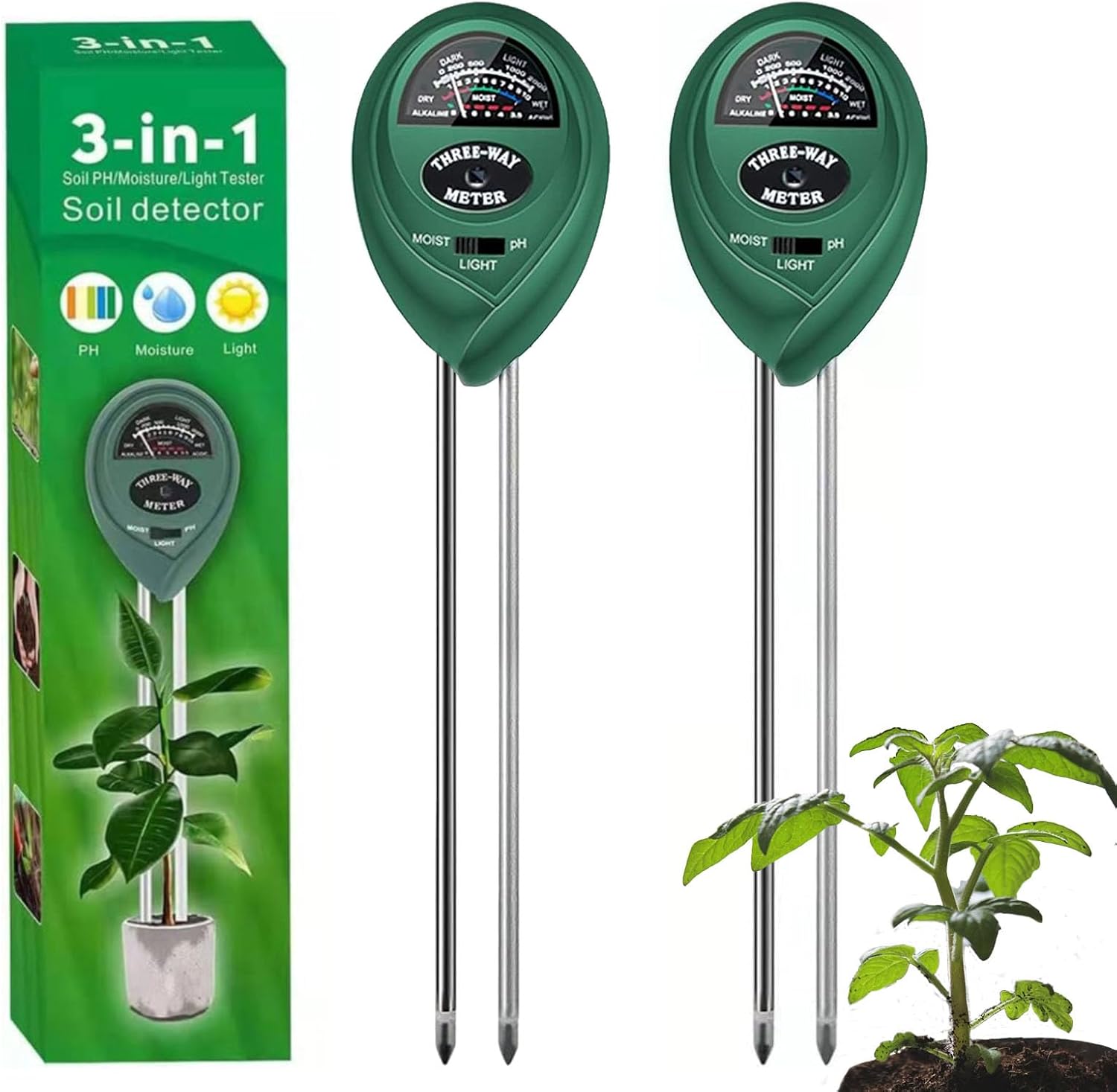 Digital soil tester measuring moisture and pH in garden soil.
