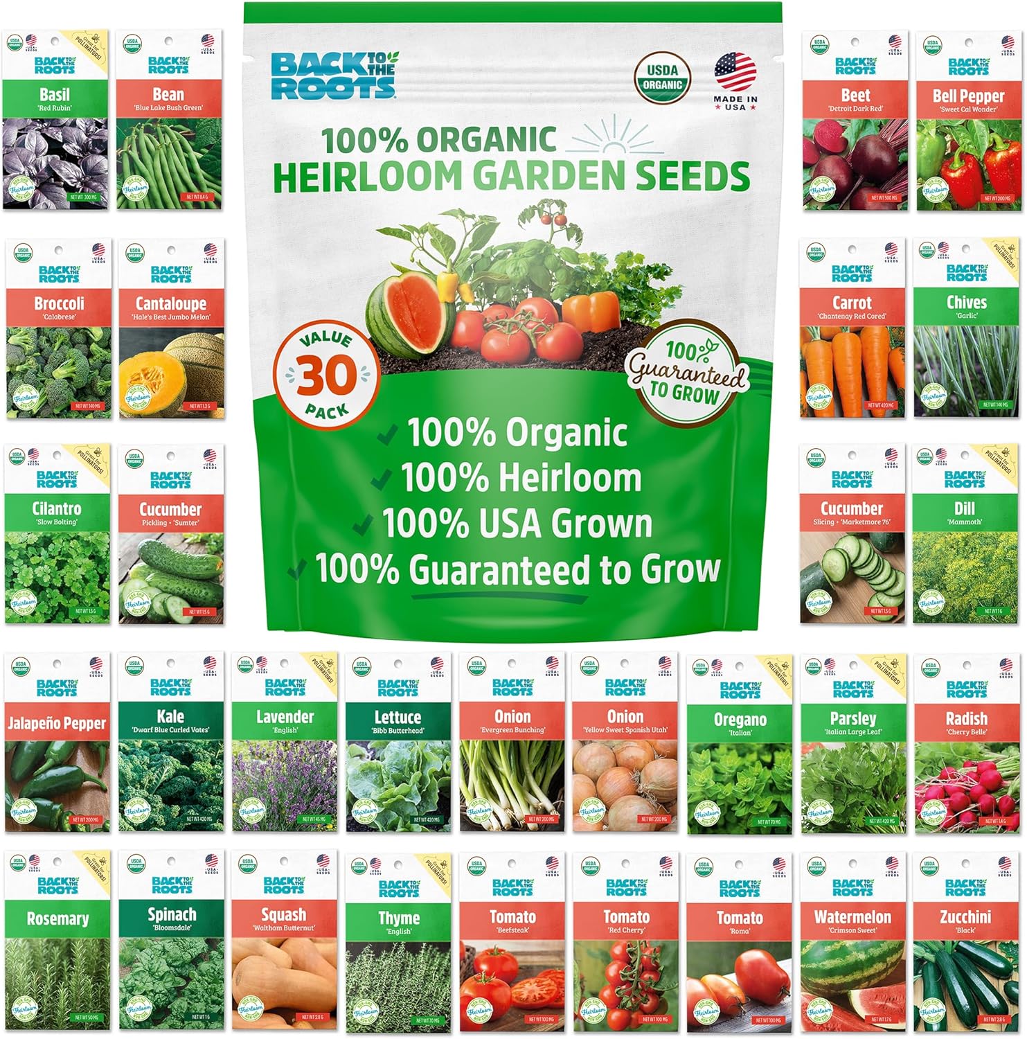 Organic vegetable seeds for home garden including tomato, carrot, and pepper varieties.