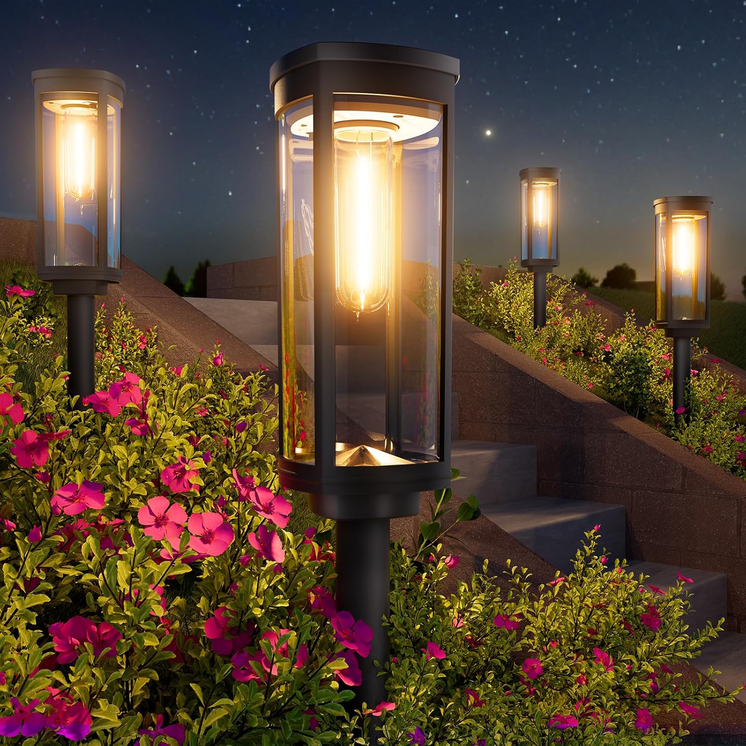 Solar-powered garden lights illuminating pathway at dusk.