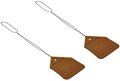 Leather Fly Swatter Set (2 Pack) – 17” Amish-Made Fly Swat w/Real Leather Paddle – Fly Swatters Multi Pack w/Metal Handle – Bug Swatter, Mosquito Swatter, Wasp Swatter (Brown)