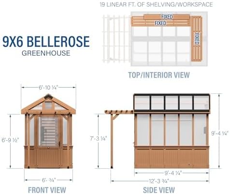 Backyard Discovery Bellerose 9' x 6' Cedar Wood and Polycarbonate Walk-in Greenhouse Kit with Pergola, Exhaust Fan, Windows, Hose Hook-Ups, PowerPort, Staging Shelves for Year-Round Outdoor Gardening