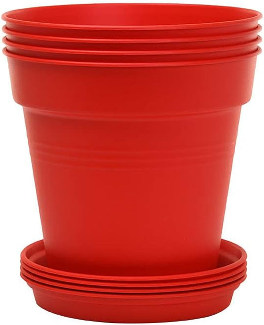 Mintra Home Garden Pots 4pk - Flowers, Herbs, Plants, Indoor, Outdoor, Colorful, Wholesale, Bulk (Red, 15cm Diameter (5.9in))