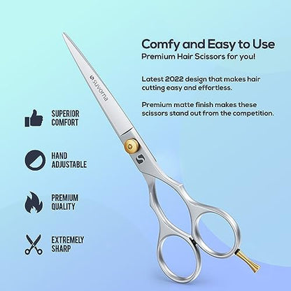 Suvorna 5.5" hair cutting scissors for professional, barber & hairdresser - hair shears for cutting, trimming, grooming, precision, facial hair - Right Hand hair scissors for men, women, kids, adults.
