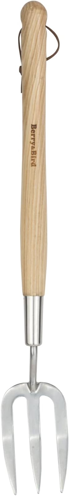 Berry&Bird Gardening Hand Fork, 22.6 Inches Long Handled Stainless Steel Weed Fork, Traditional Garden Hand Fork Tool with Ergonomic Ash Wood Handle for Weeding, Digging, Planting and Cultivating