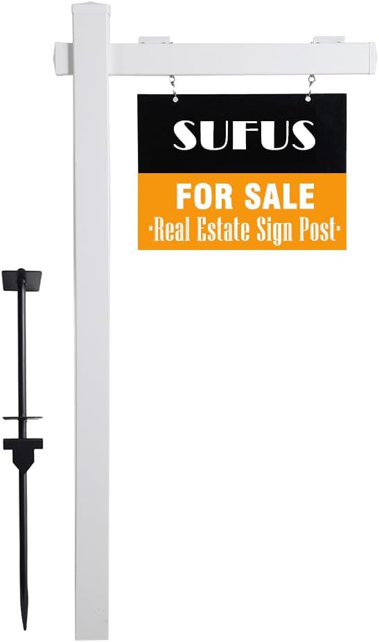 Vinyl PVC Real Estate Sign Post 6' Tall (4"x 4"x 72"), Realtor Yard Sign Post with Flat Cap for Open House and Home for Sale, 47" Arm Holds Up to 36" Sign, White (No Sign)