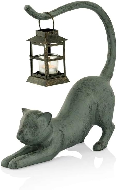 Green Vista Keith The Kitty Cat W/Lantern | Indoor Outdoor Aluminum Garden Statue Sculpture - 15 Inch Height