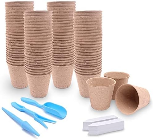 3T GROUP 100 Pack 3.15 Inch Mini Pots for Plants,Small Plant Pots,Biodegradable Compostable Flower Pots,Disposable Seed Seedling Pot Cups for Vegetables,Fruit with 100 Labels,Tool (100pcs)
