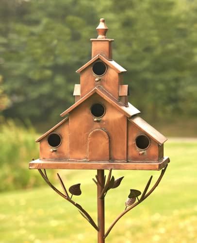 Large Copper Colored Multi-Birdhouse Stakes, Room for 4 Bird Families in Each (Church Style with Cascading Roof)