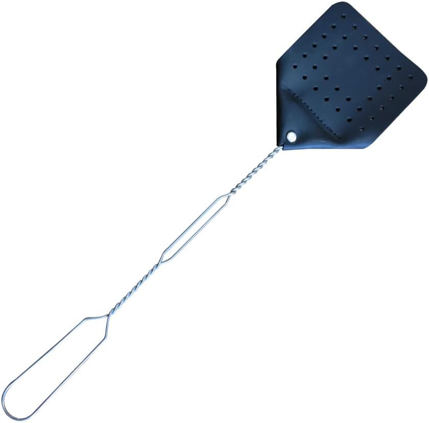 Leather Fly Swatter Set (1 Pack) – 17” Amish-Made Fly Swat w/Real Leather Paddle – Fly Swatters Multi Pack w/Metal Handle – Bug Swatter, Mosquito Swatter, Wasp Swatter (Black)