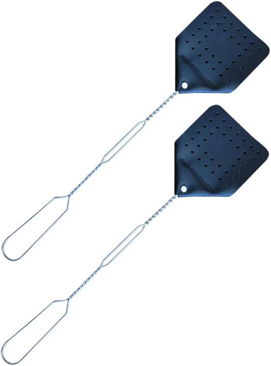 Leather Fly Swatter Set (2 Pack) – 17” Amish-Made Fly Swat w/Real Leather Paddle – Fly Swatters Multi Pack w/Metal Handle – Bug Swatter, Mosquito Swatter, Wasp Swatter (Black)