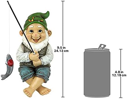 Design Toscano Ziggy with Fishing Pole Garden Gnome Indoor/Outdoor Shelf Sitter Statue, 9 Inch Tall, Cast Stone Resin, Full Color Finish
