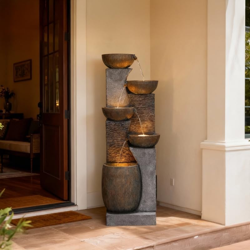 51.6'' H Tall Outdoor Water Fountain, 5-Tier Resin Cascading Crock Bowls with LED Lights, Garden Water Feature and Waterfall for Porch, Deck, Patio, Yard, and Home Décor, Dark Gray