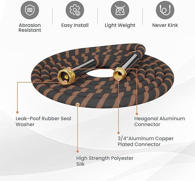 Giraffe Tools Garden Hose 75FT Non-Expandable Lightweight Flexible Water Hoses Burst 600 psi with 9 Spray Function Nozzle Heavy Duty Hose