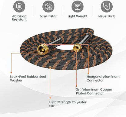 Giraffe Tools Garden Hose 75FT Non-Expandable Lightweight Flexible Water Hoses Burst 600 psi with 9 Spray Function Nozzle Heavy Duty Hose