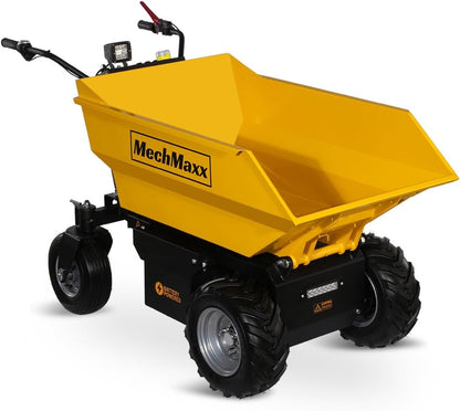 1100Lb Loading 48V Battery Powered Wheel Barrow Electric Dumper Cart with 30W Light, Hydraulic Tipping, 1000W Brushless DC Motor, LED Display Screen, Model EH50 Yellow