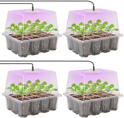 MIXC Seed Starter Kit with Grow Light, Elevated Seedling Tray Kit with Adjustable Humidity Dome and Clear Cell Tray, 12 Full Spectrum Led Beads for Seed Starting Greenhouse, 4 Pack, Transparent