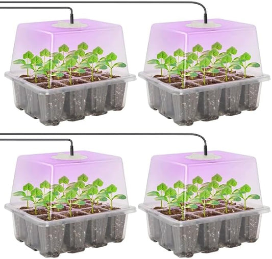 MIXC Seed Starter Kit with Grow Light, Elevated Seedling Tray Kit with Adjustable Humidity Dome and Clear Cell Tray, 12 Full Spectrum Led Beads for Seed Starting Greenhouse, 4 Pack, Transparent