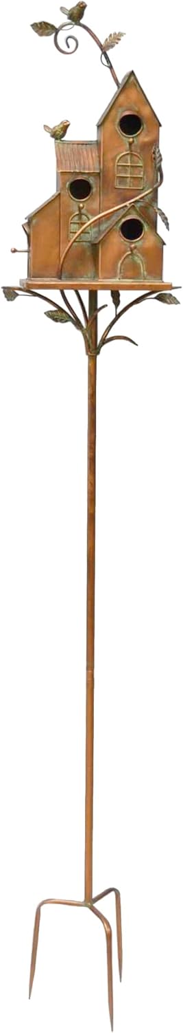 Large Copper Colored Multi-Birdhouse Stakes, Room for 4 Bird Families in Each (Castle Home)