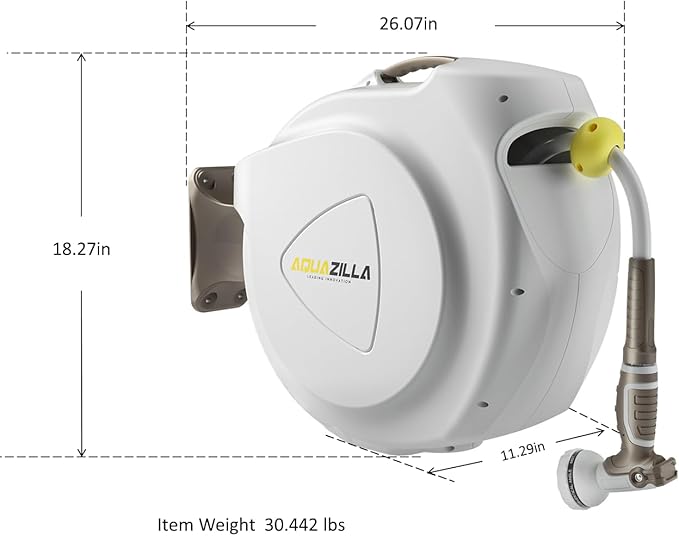 Retractable Garden Hose Reel, 5/8 in 100+6 ft, Heavy Duty Wall Mounted Water Hose Reel, Spring Power Automatic Rewind, Any Length Lock, 180° Swivel Bracket, 10 Pattern Spray Nozzle
