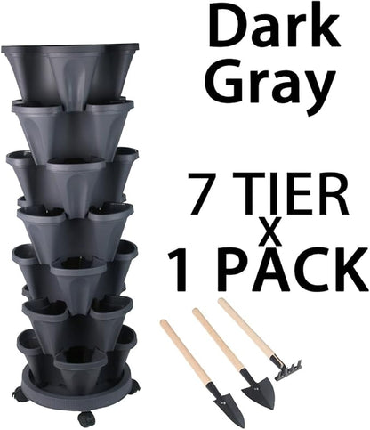 Vertical Planter 7 Tier Stackable Planters Garden Planters Strawberry Herb Flower and Vegetable Planter Indoor Outdoor Gardening Pots with Removable Wheels and Tools