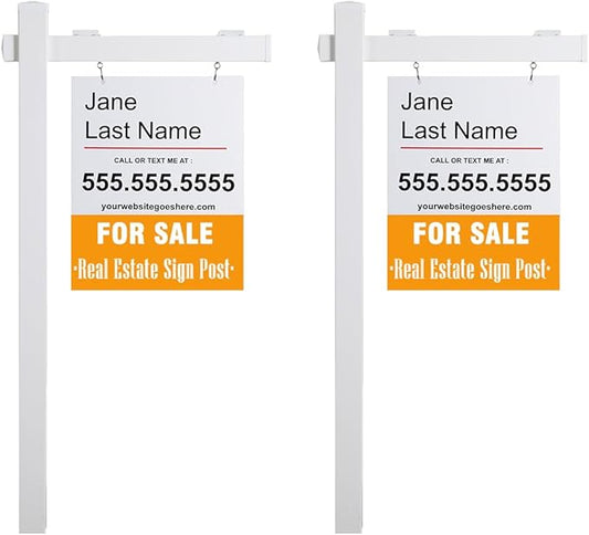 Vinyl PVC Real Estate Sign Post 6' Tall (4"x 4"x 72"), Realtor Yard Sign Post with Flat Cap for Open House and Home for Sale, 36" Arm Holds Up to 24" Sign, White (No Sign), 2-Pack