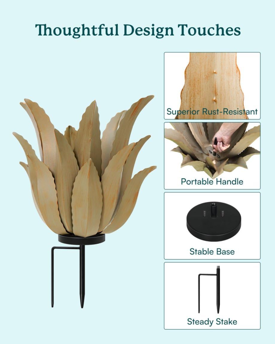 Metal Agave Plant Outdoor Decor - 25.5" H Large Hand Painted Desert Themed Garden Sculpture, Weather Resistant Rustic Yard Art for Lawn Patio, Unique Ornament Gift for Home & Garden