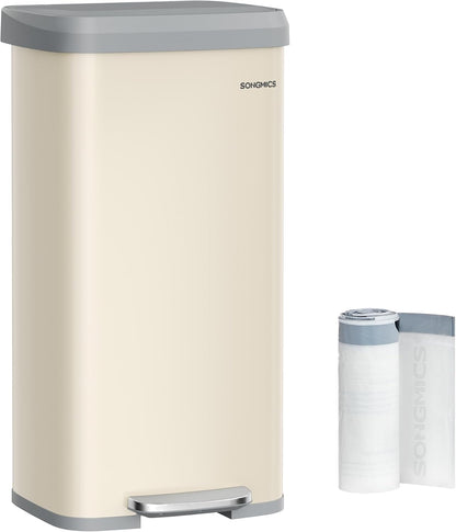 SONGMICS Kitchen Trash Can, 18-Gallon Stainless Steel Garbage Can, with Stay-Open Lid and Step-on Pedal, Soft Closure, Tall, Large and Space-Saving, Sand Beige and Dove Gray ULTB520A01