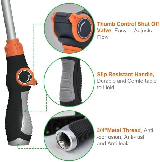 Hicks Ridge - Heavy Duty Watering Wand - 180° Rotating Head - 18-inch Metal Long Hose Nozzle Sprayer - Wand with Thumb Flow Control - Perfect for Hanging Baskets, Shrubs, Seedbed, Garden, and Lawn