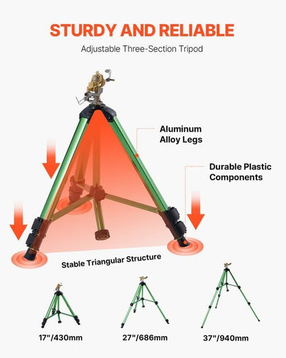 VEVOR Impact Sprinkler on Tripod Base, Heavy Duty Tripod Sprinklers with Brass Head & 3/4" Connector, 360 Degree Large Area Coverage Irrigation Sprinkler, Adjustable Heights, for Yard Green