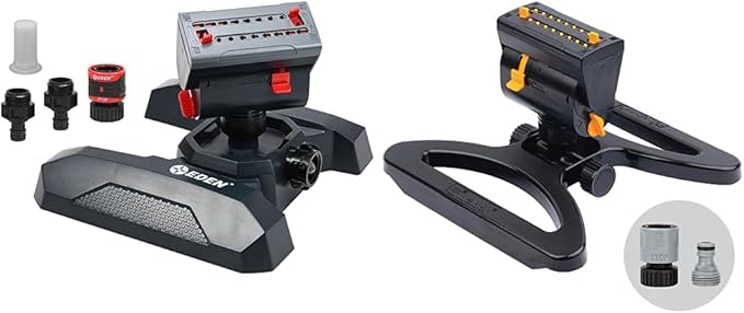 Eden 95124 Adjustable 4-Way Mini Turbo Oscillating Sprinkler W/Quick Connect Starter Set, Covers up to 4,069 sq. ft. Heavy Weight Base & Melnor 65131AMZ Mini Oscillator Sprinkler Bundle, Black, Yellow