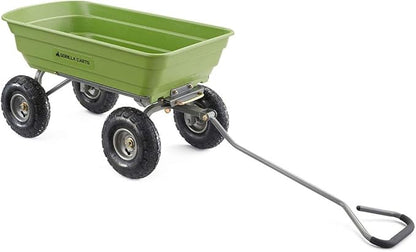 Gorilla Carts Poly Garden Dump Cart, 4 Cu Ft Tub, 600 lb Haul Capacity, Green – Heavy-Duty Utility Wagon with Quick-Release Dumping & Pneumatic Tires for Yard, Landscaping and Gardening