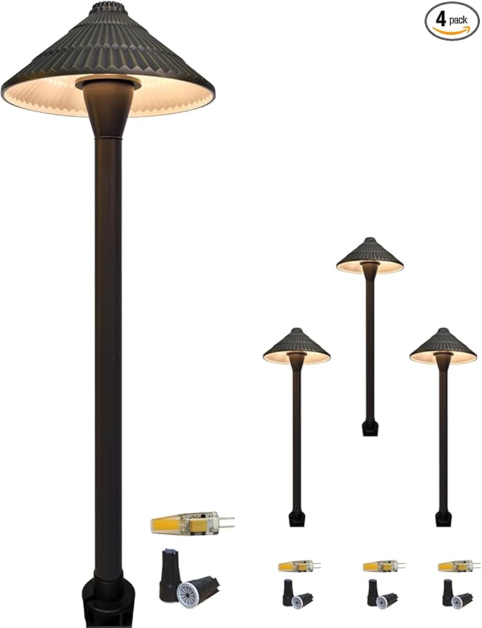 COLOER 4-Pack 12V Brass Outdoor Low Voltage Pathway Lights for Outside(Bronze,23" Tall, 7.5" Shade) with 2W 2700K G4 LED Bulb(604B)
