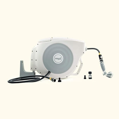 Garden Hose Reel Retractable 1/2" x 130ft Wall Mounted Hose Reel Automatic Rewind, Any Length Lock with 9 Patterns Sprayer Nozzle, Quick Connector and Adjustable shot Nozzle- Cloud White