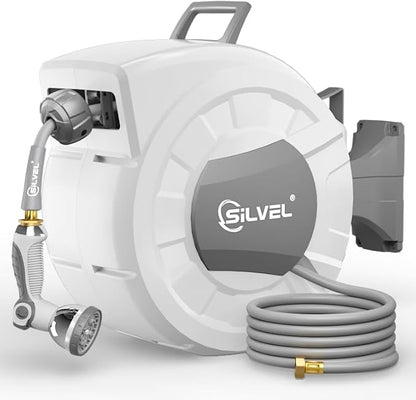 SILVEL Retractable Garden Hose Reel,1/2 in x 75ft Wall Mount Heavy Duty Automatic Hose Reel with 10 Pattern Nozzle, Any Length Lock & Slow Return System, 180°Swivel Bracket Upgraded UV Resistant